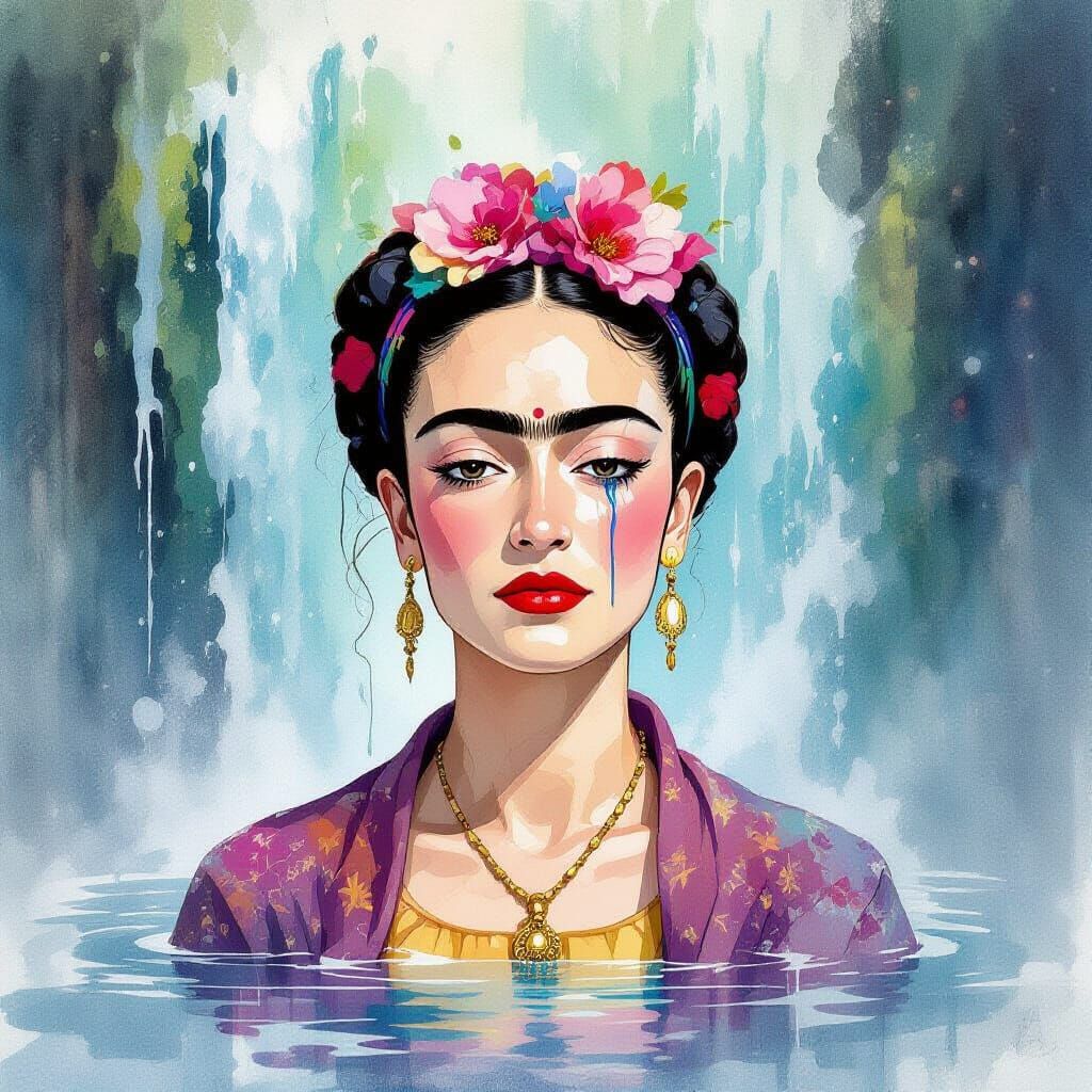 Weeping Galaxies Surround Woman in Waterfall