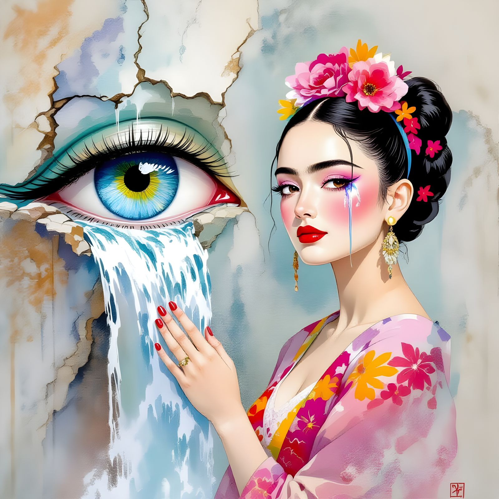 Surreal Waterfall of Tears in Watercolour Style