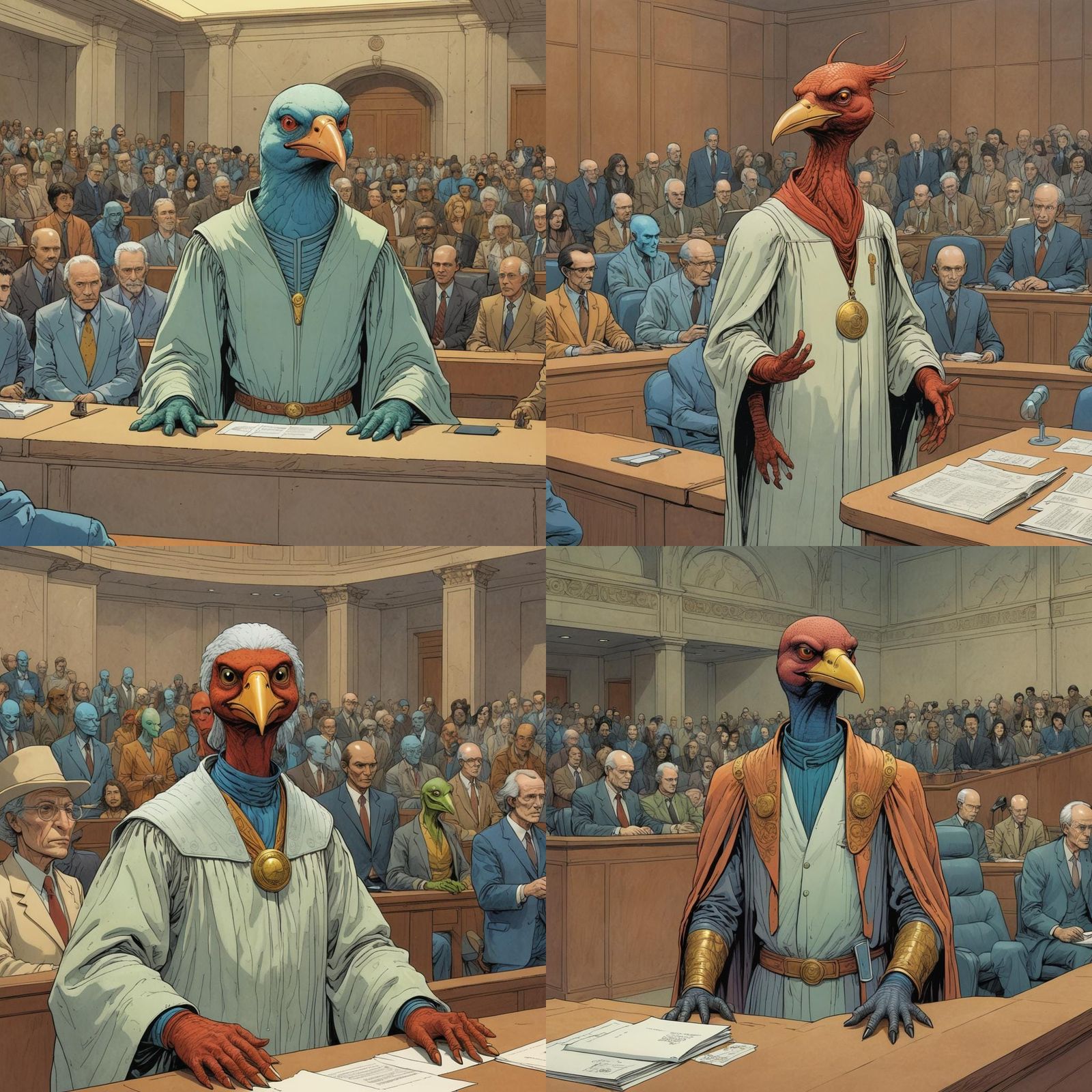 Anthropomorphic Bird Judge in Alien Court, Moebius Comic Art