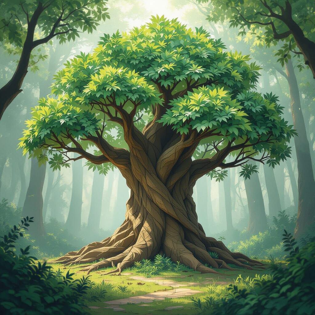 Origami Tree in Misty Forest Clearing