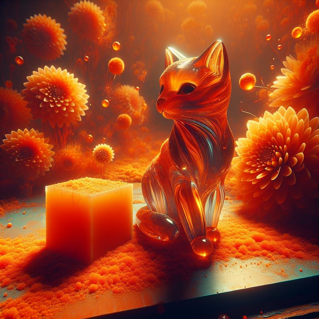 Orange Crystal Cat Figurine Amidst Orange Flowers