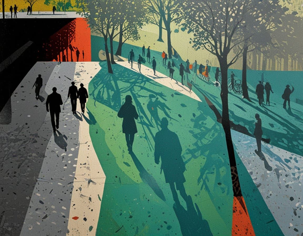 Vibrant Urban Park Scene in Mixed Media Art