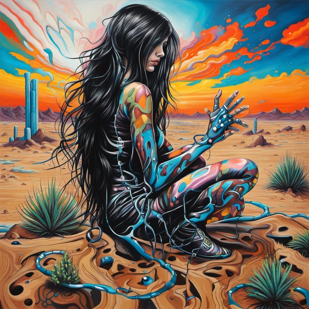 Girl in Futuristic Desert Landscape, Graffiti Art