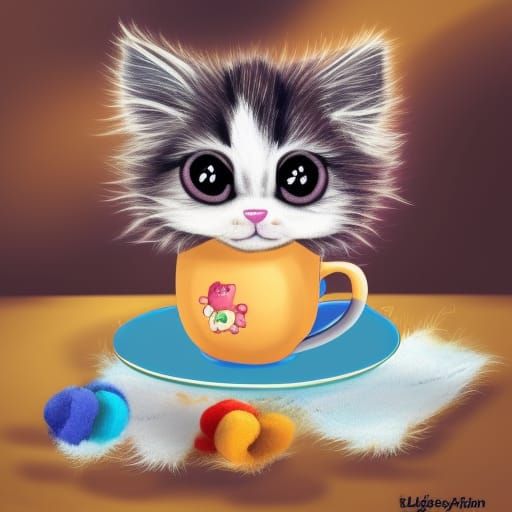 Colorful Kitten in Mug, Anime Style Digital Art