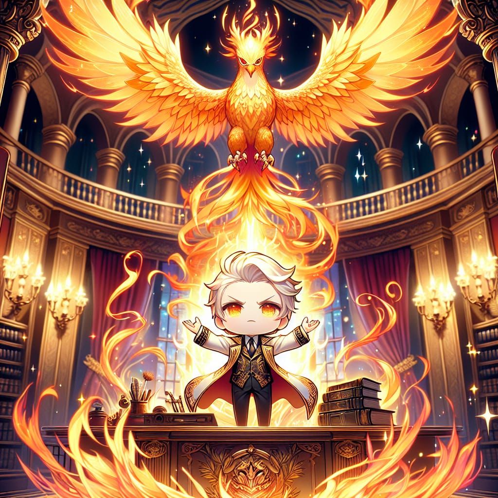 Chibi Professor with Phoenix in Magical Flames