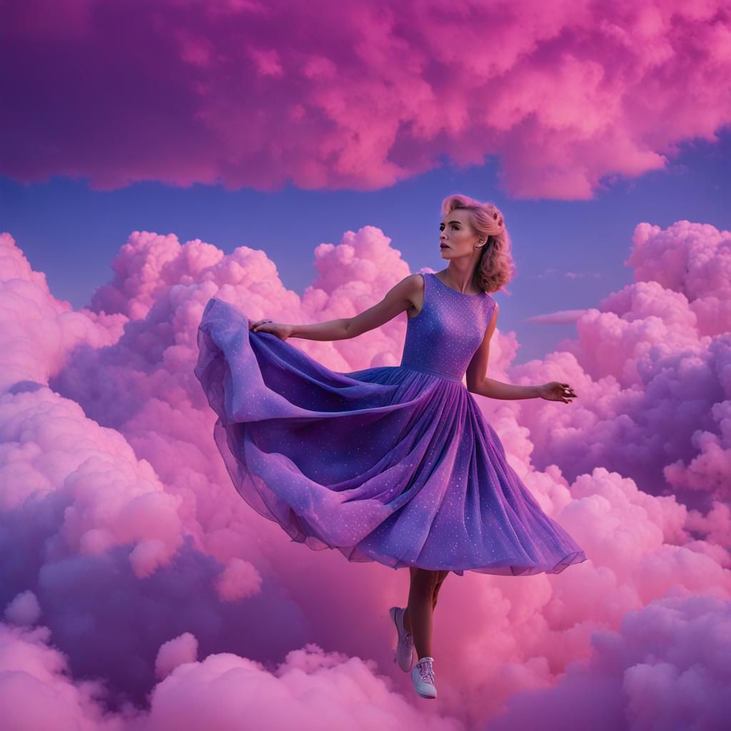 Blonde Lady in Stardust Dress in Pink Clouds