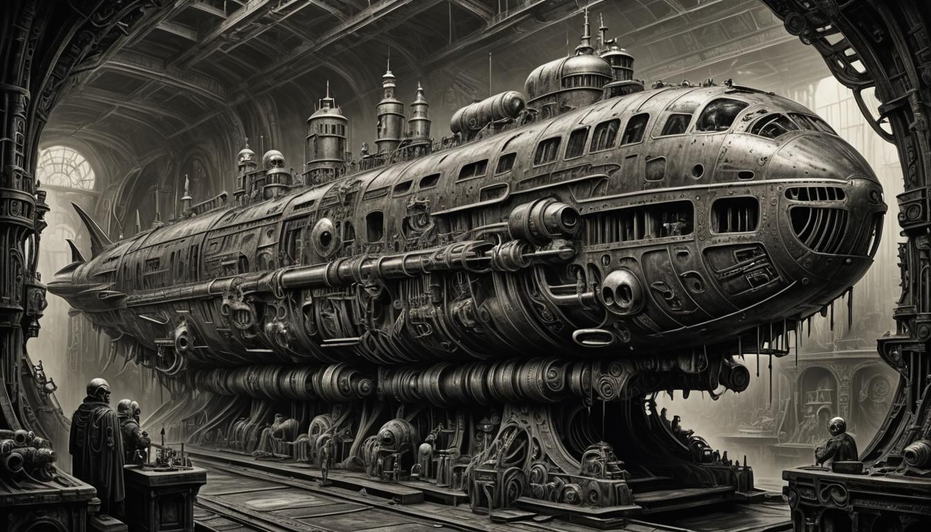 Steampunk Submarine from Another Dimension as Charcoal Art