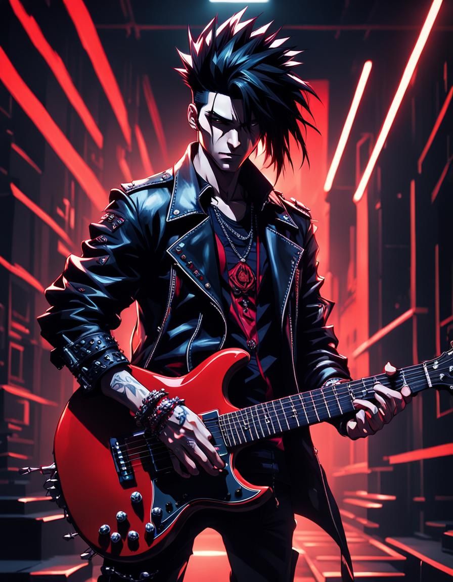 Anime Boy with Guitar in Drypoint Style