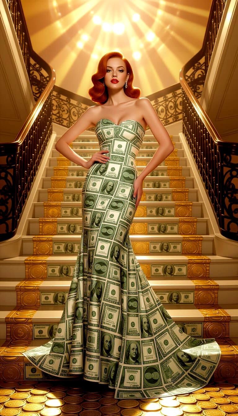 Redhead in Gown of Money on Gold Coin Mosaic
