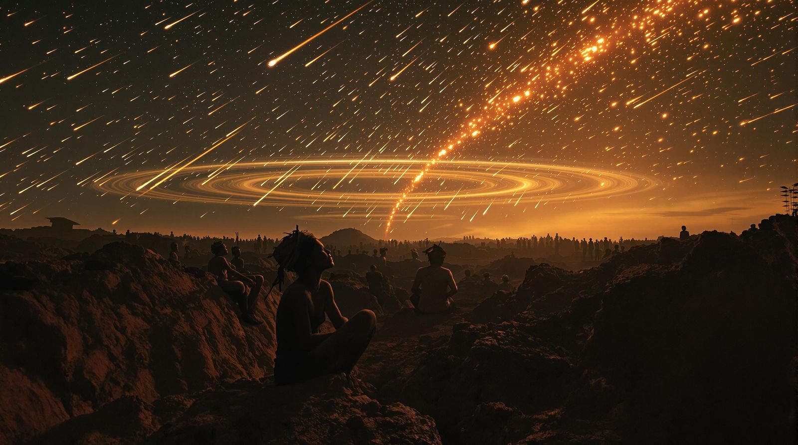 Third World Figures Amidst Meteor Shower in Cosmic Landscape