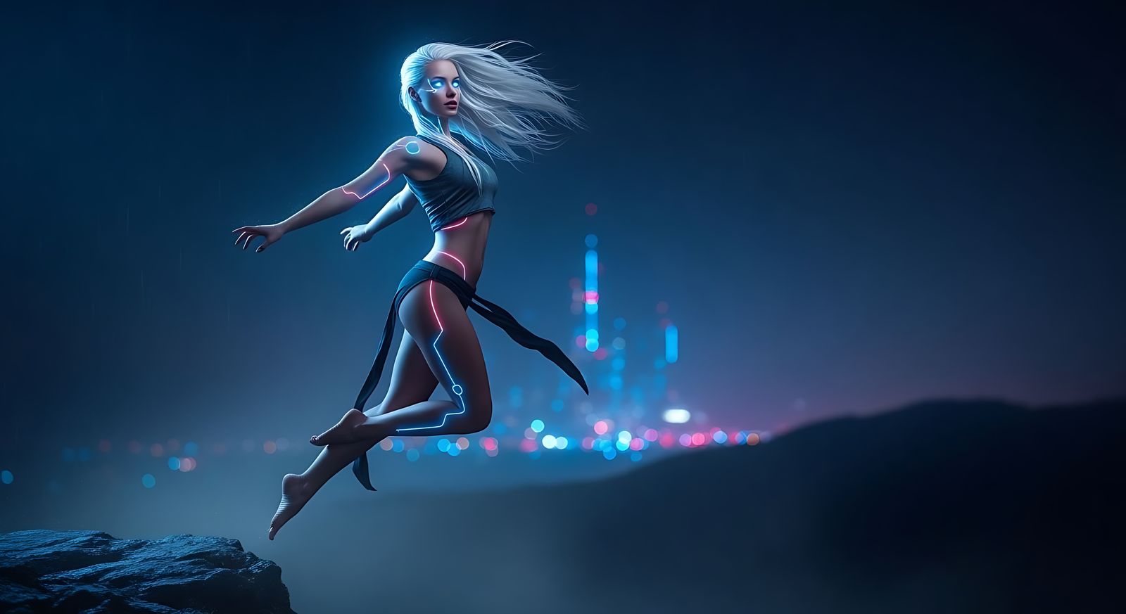 Slavic Woman Levitating in Cyberpunk Cityscape