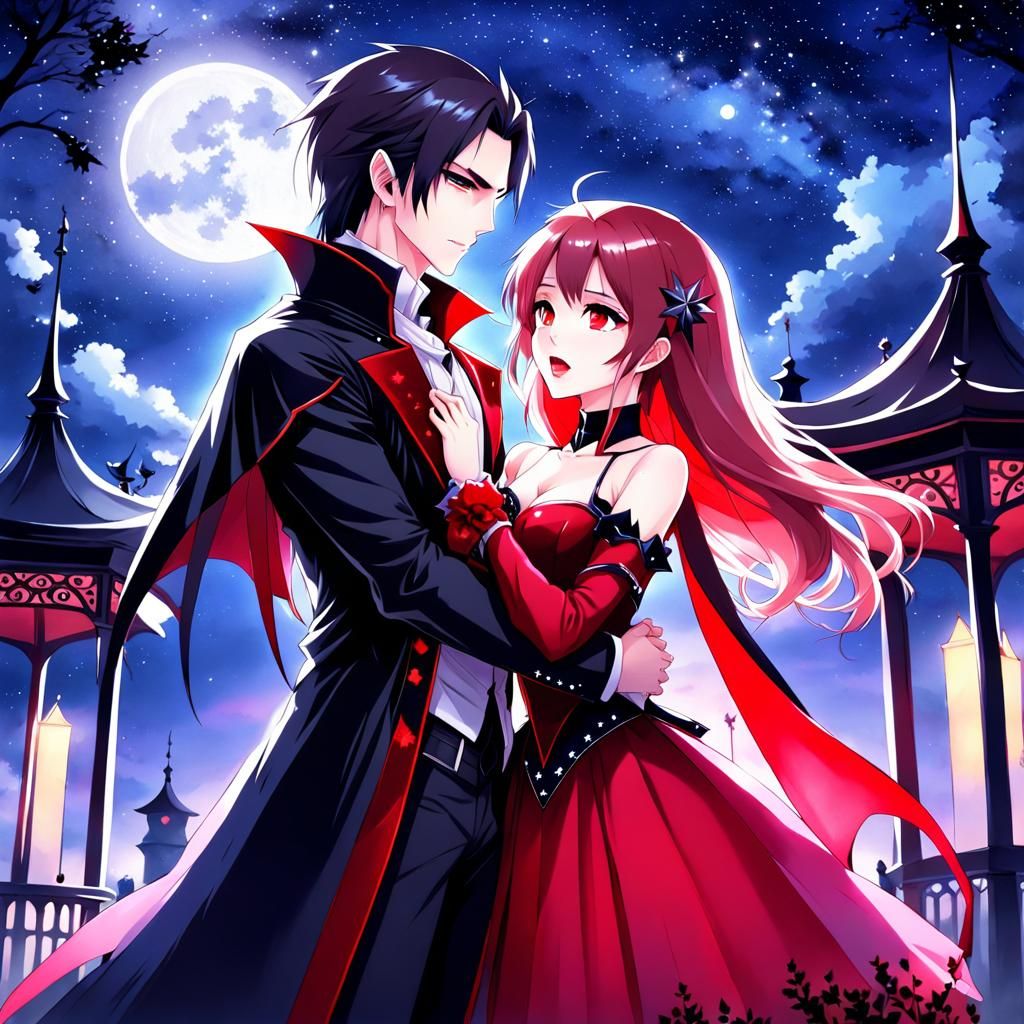 Vampire Couple in Glitter Watercolor Anime Style