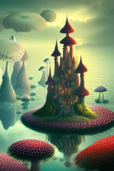 Mushroom Castle Wonderland on a Lake