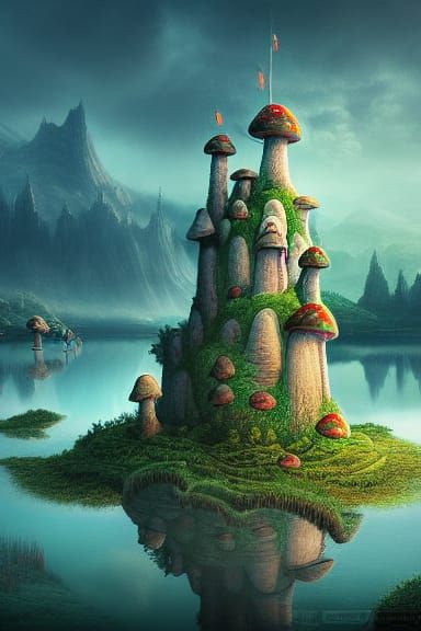 Mushroom Castle Wonderland Reflected in Lake