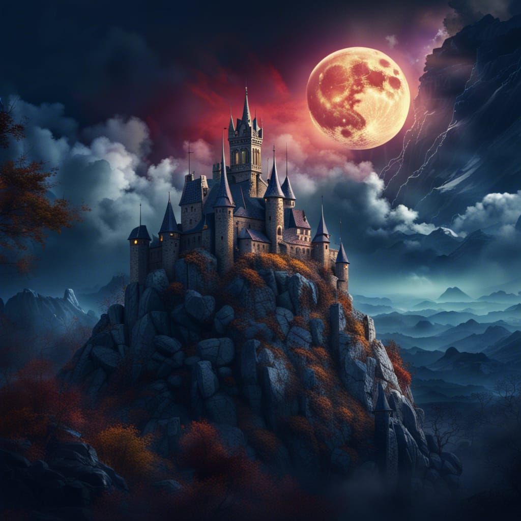 Mountain Castle in Extreme Weather: Digital Art