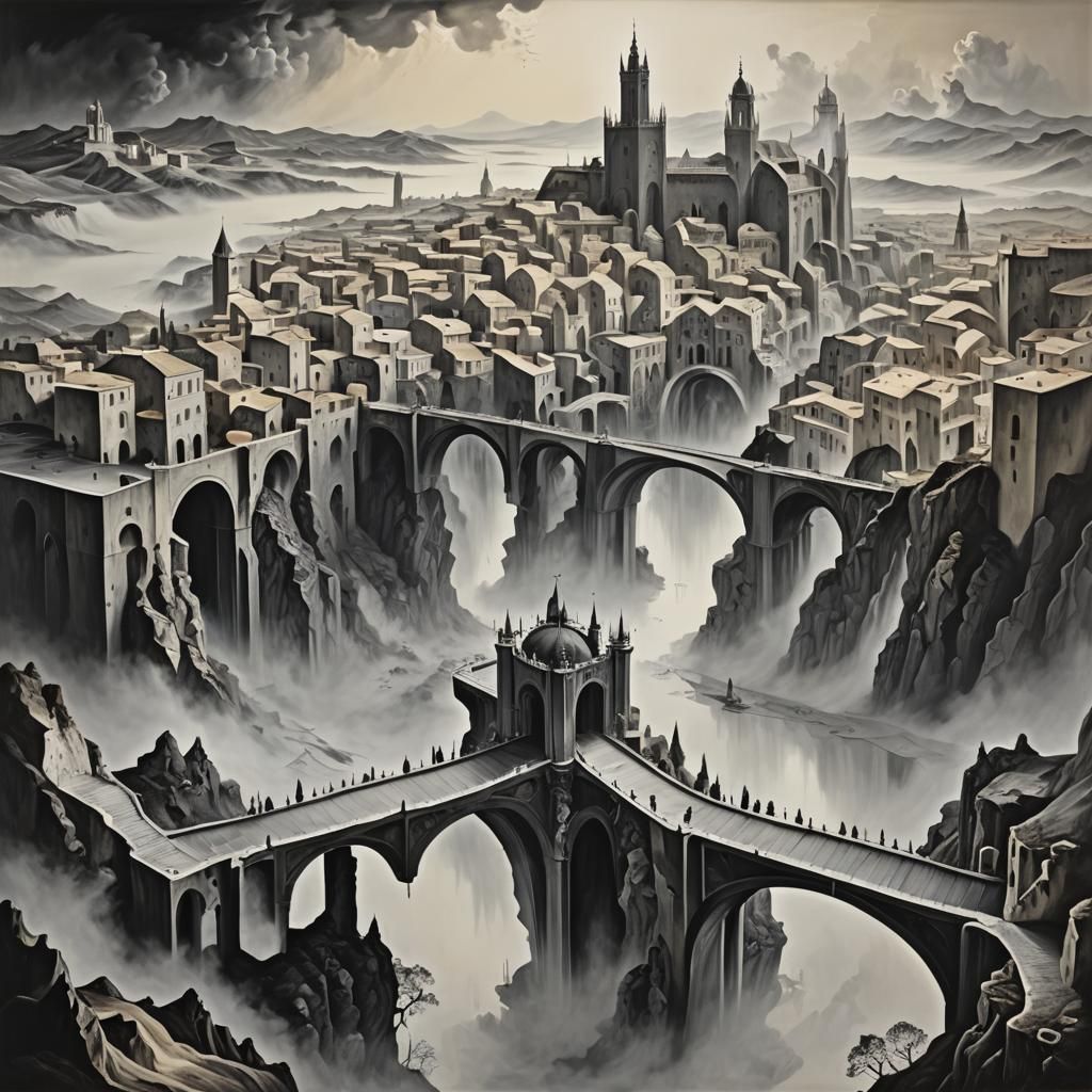 Surreal Black and White Medieval Cityscape