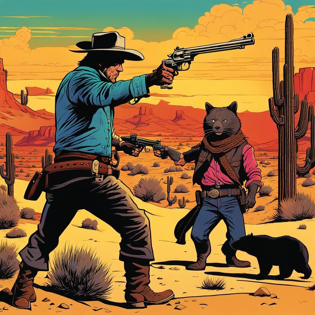Cowboy Cat and Bear Standoff in Western Cartoon Style