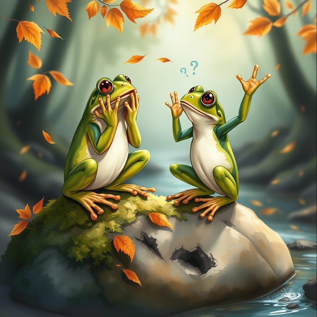 Astonished Frogs in Watercolor Autumn Scene