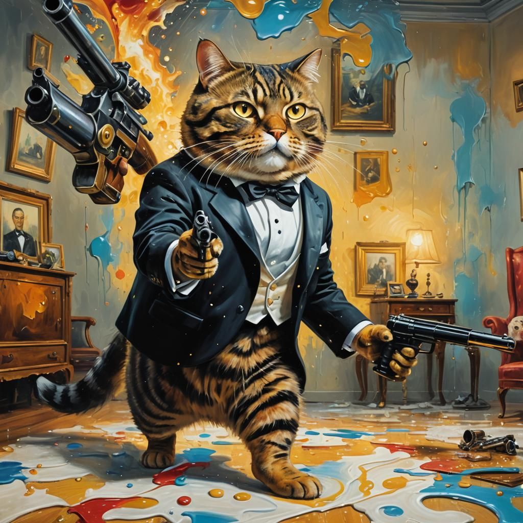 Surreal Fat Cat Assassin in Dreamlike Impasto Style