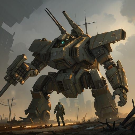 Cyberpunk Industrial Mech in War-Torn Landscape
