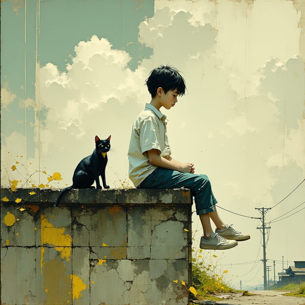 Boy and Cat Sharing a Moment on a Wall