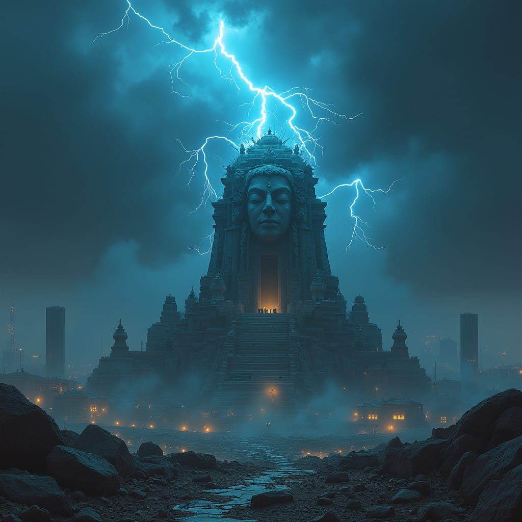 Temple Head Emerges from Futuristic Metropolis Amid Turbulen...