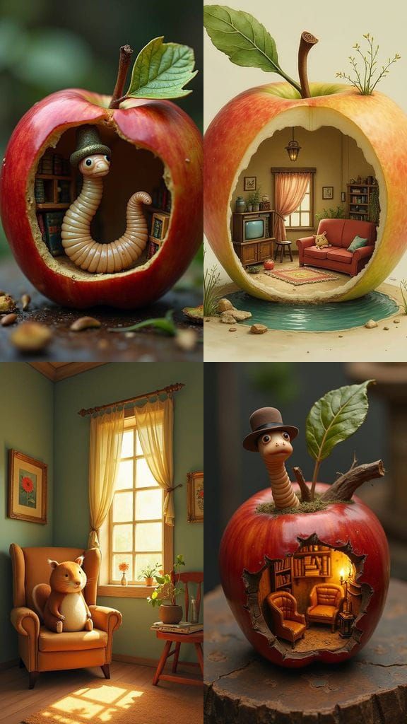 ein Apfel in dem ein Wurm lebt, der Wurm hat eine Mütze auf man sieht in den Apfel hinein und das Wohnzimmer von dem Wru...