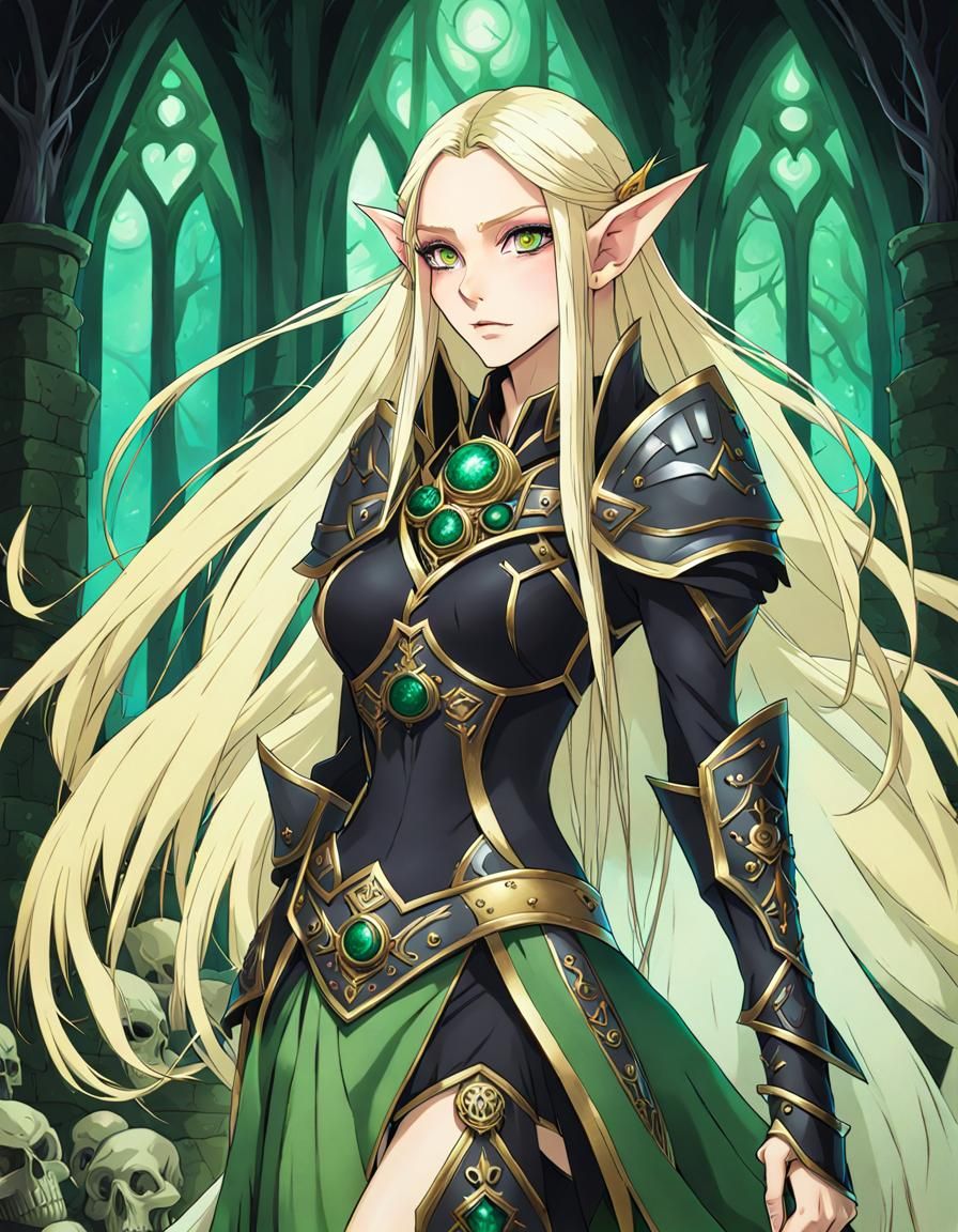 Anime Elf Necromancer in Dark Armor