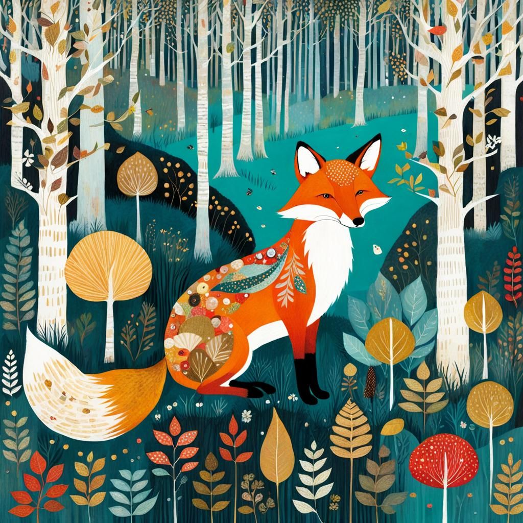 Autumn Fox in Forest Illustration, Klimt Style