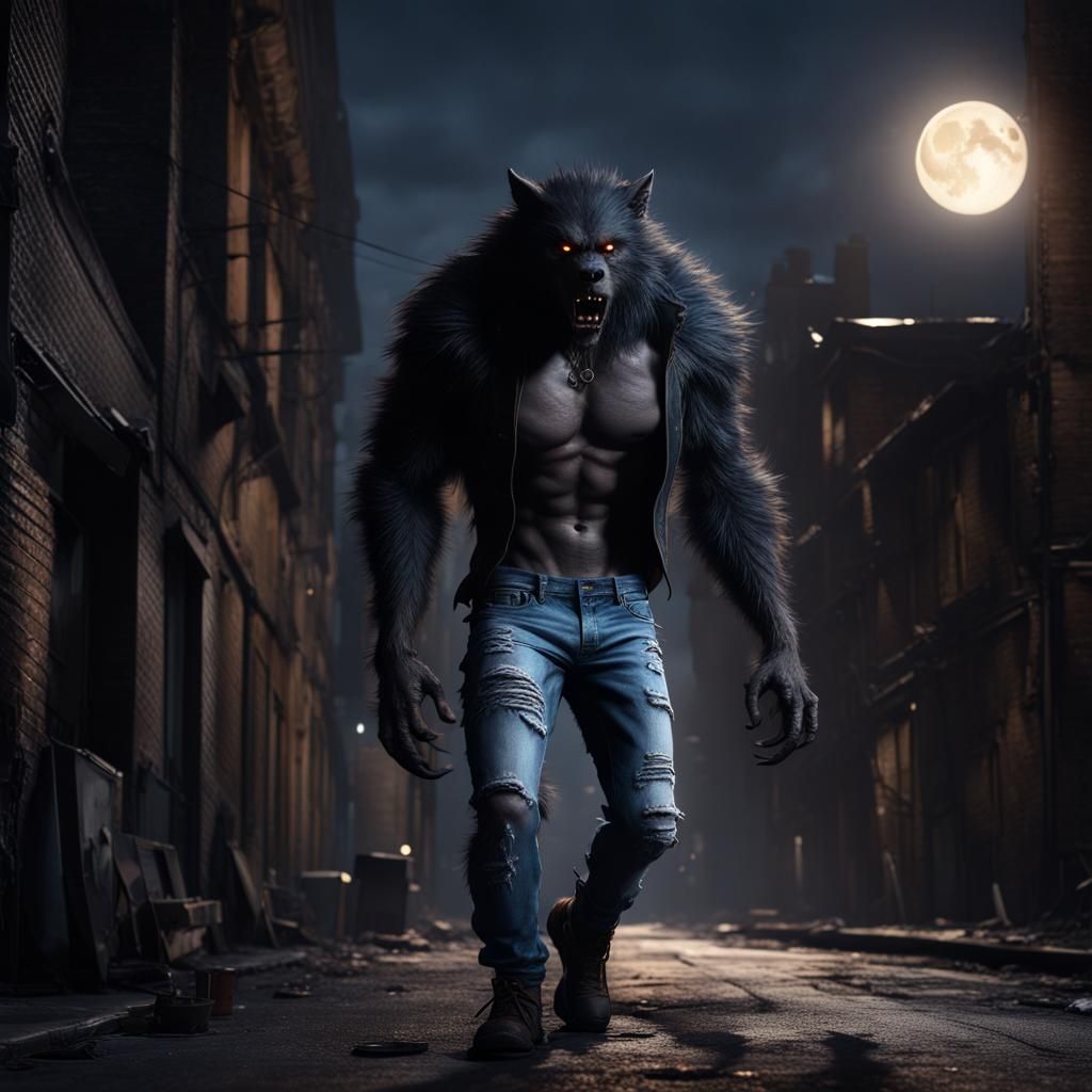 Werewolf in City Alley Under Full Moon