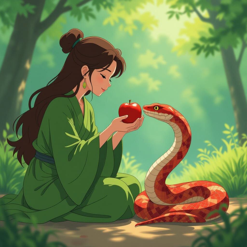 Brown Woman Feeds Apple to Serpent in Ghibli Anime Style