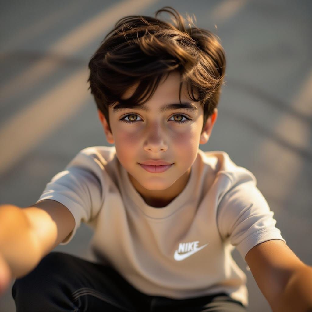Boy Taking a Golden Hour Selfie in Photorealistic Style