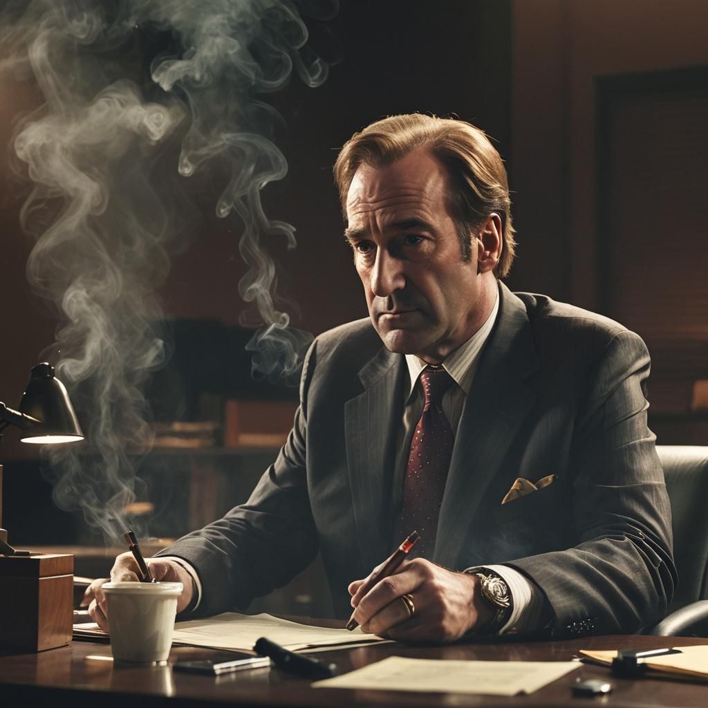 Saul Goodman in Dimly Lit Office: Film Noir Style