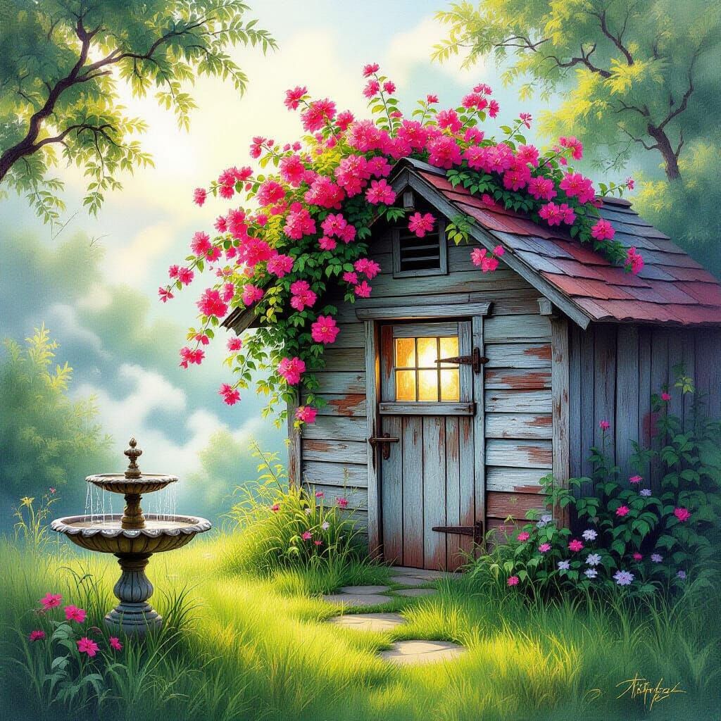 Vibrant Bougainvillea Over Shed in Ethereal Mist