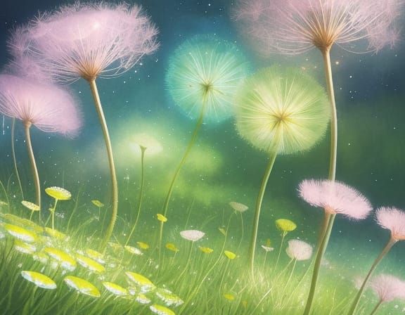 Whimsical Creature in Dandelion Field, Children's Book Style