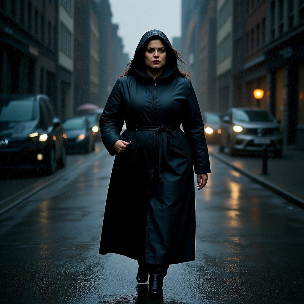 Rainy Street Scene of Curvy Woman in Film Style