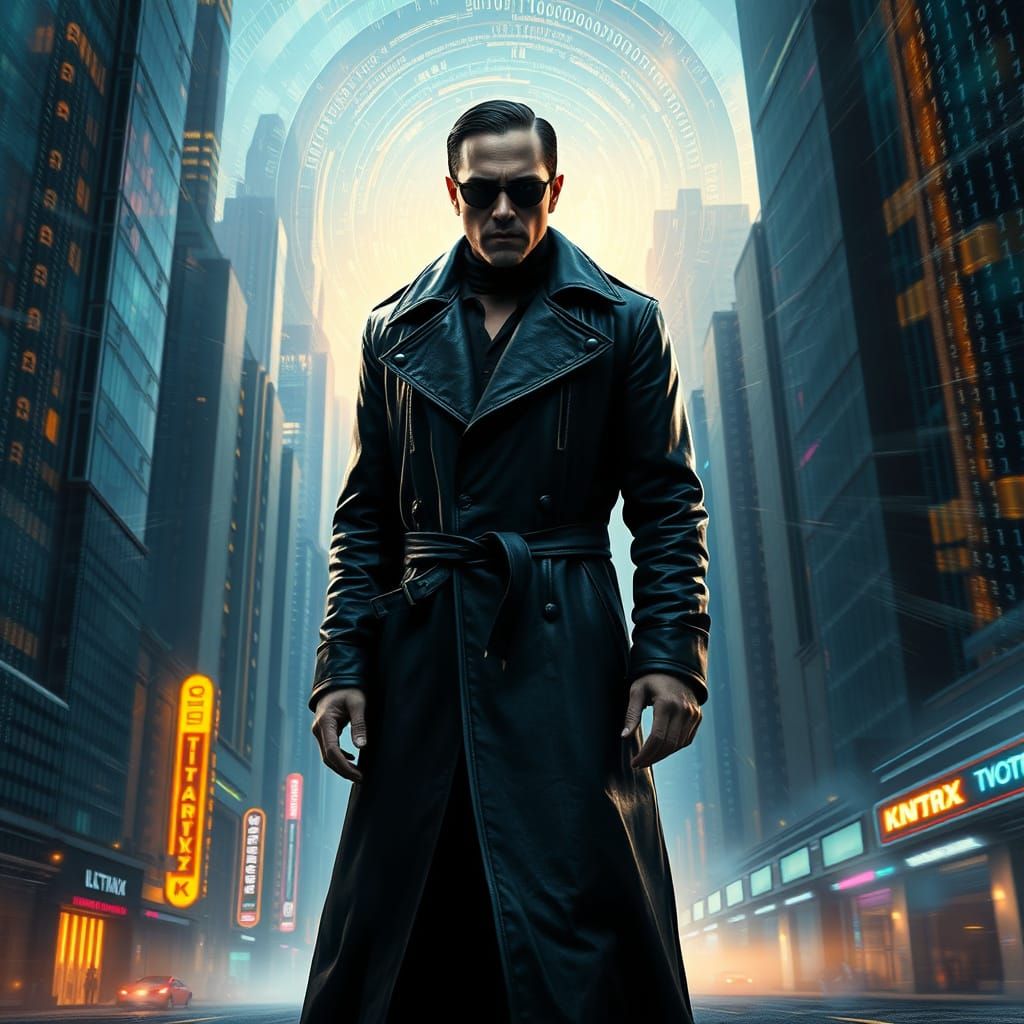 Neo Stands Resolute in Cyberpunk Cityscape