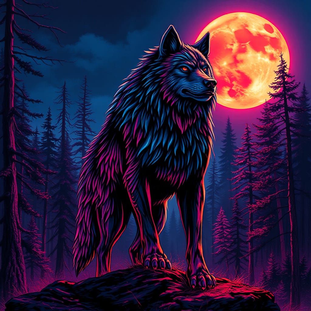 Vibrant Werewolf in Forest, Graffiti Art Style