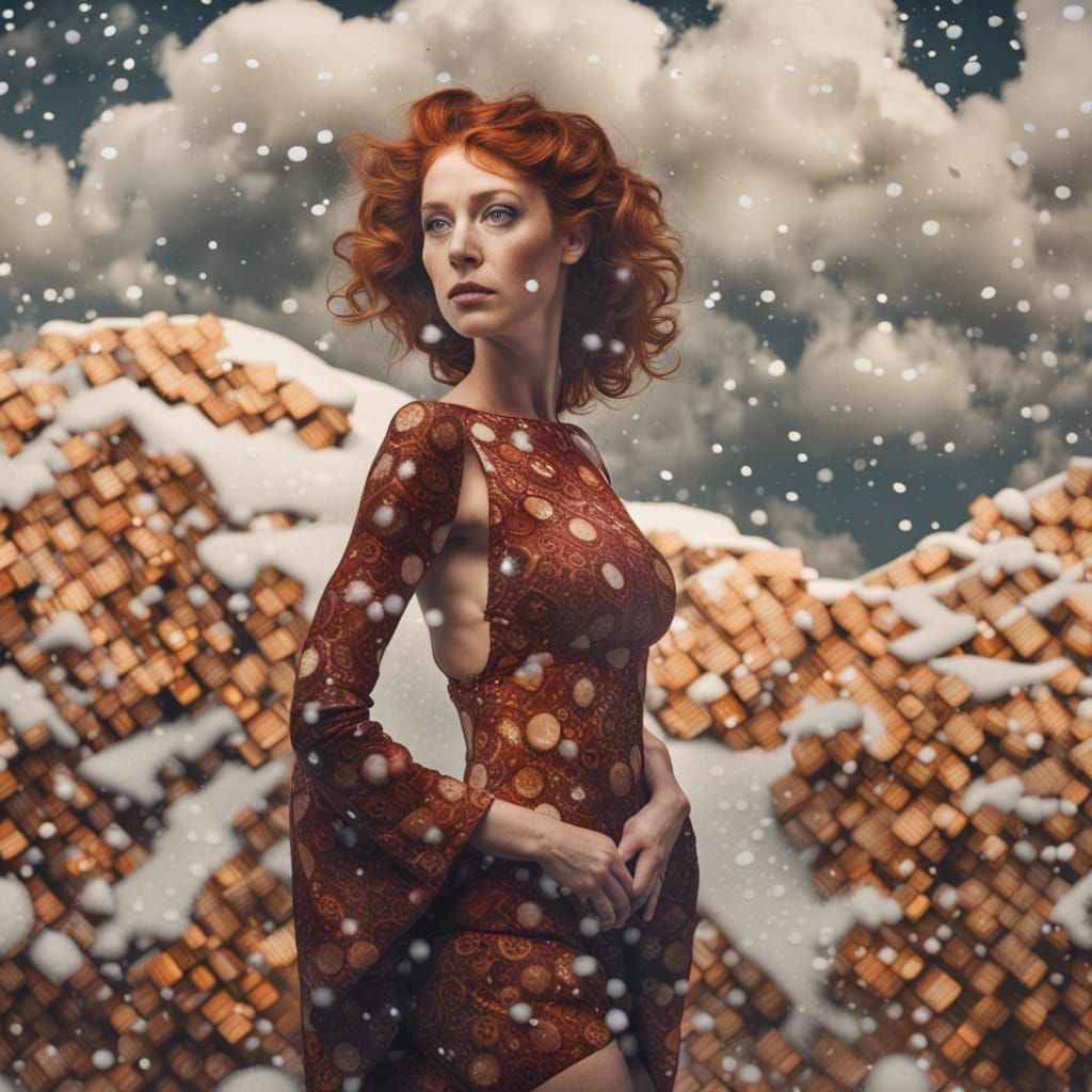 Red-Haired Woman in Snow: Klimt-Inspired Hyperreal Portrait