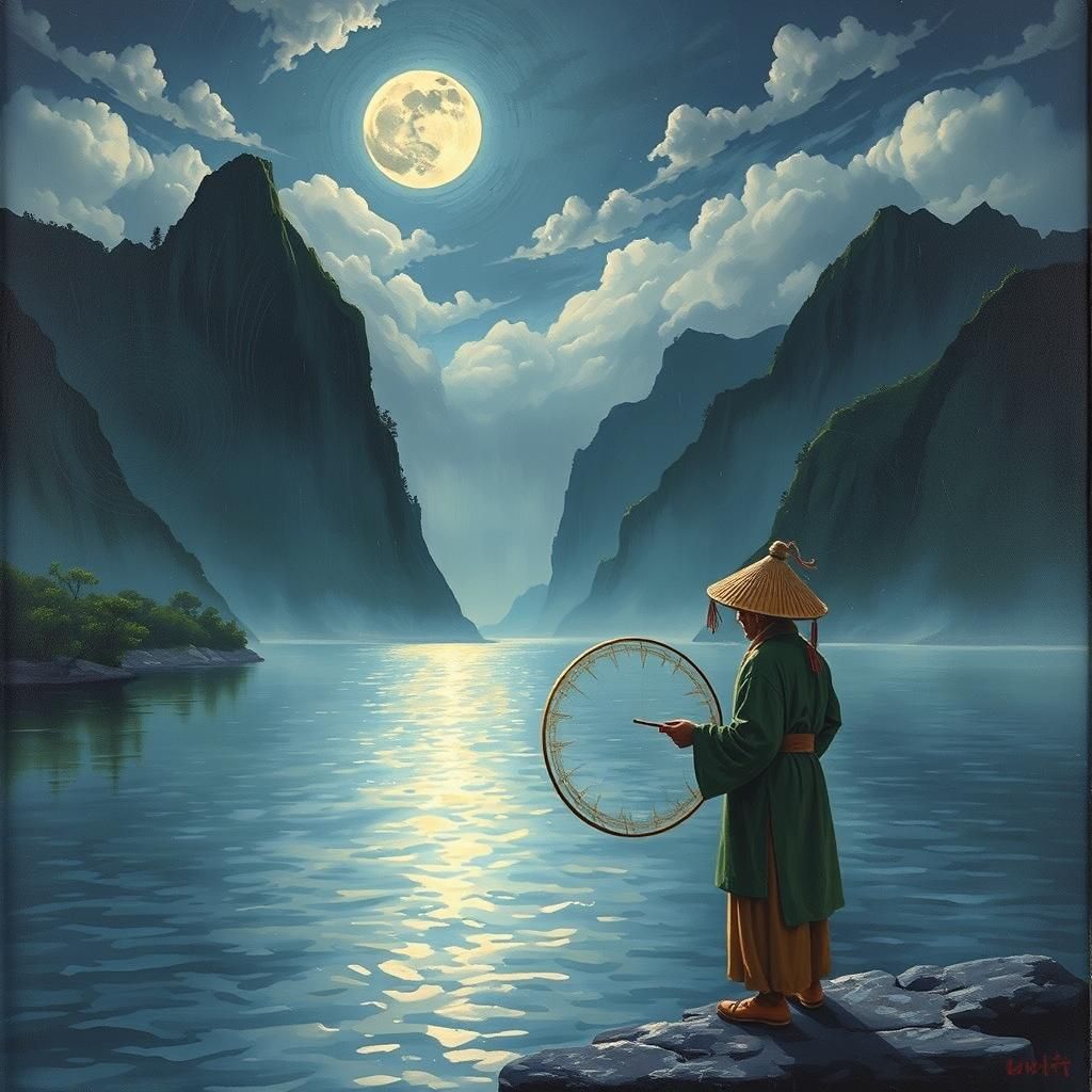 Serene Fisherman Under Moonlight, Neo-Impressionist Style