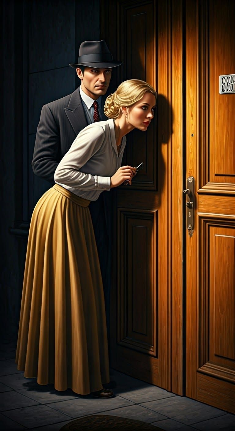 Woman Peeks Through a Mysterious Doorway in Film Noir Style