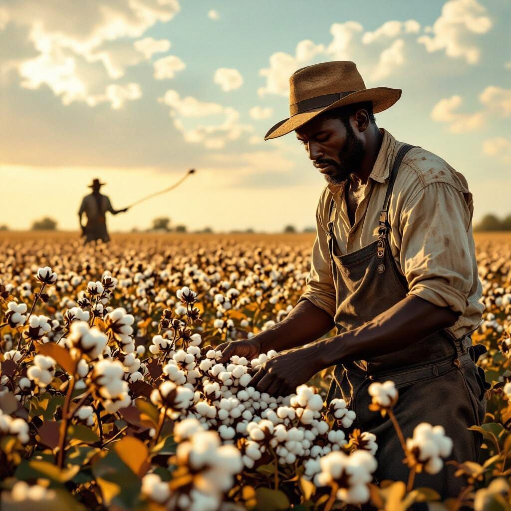 Cotton Field Scene with Farmer in Matte Painting Style