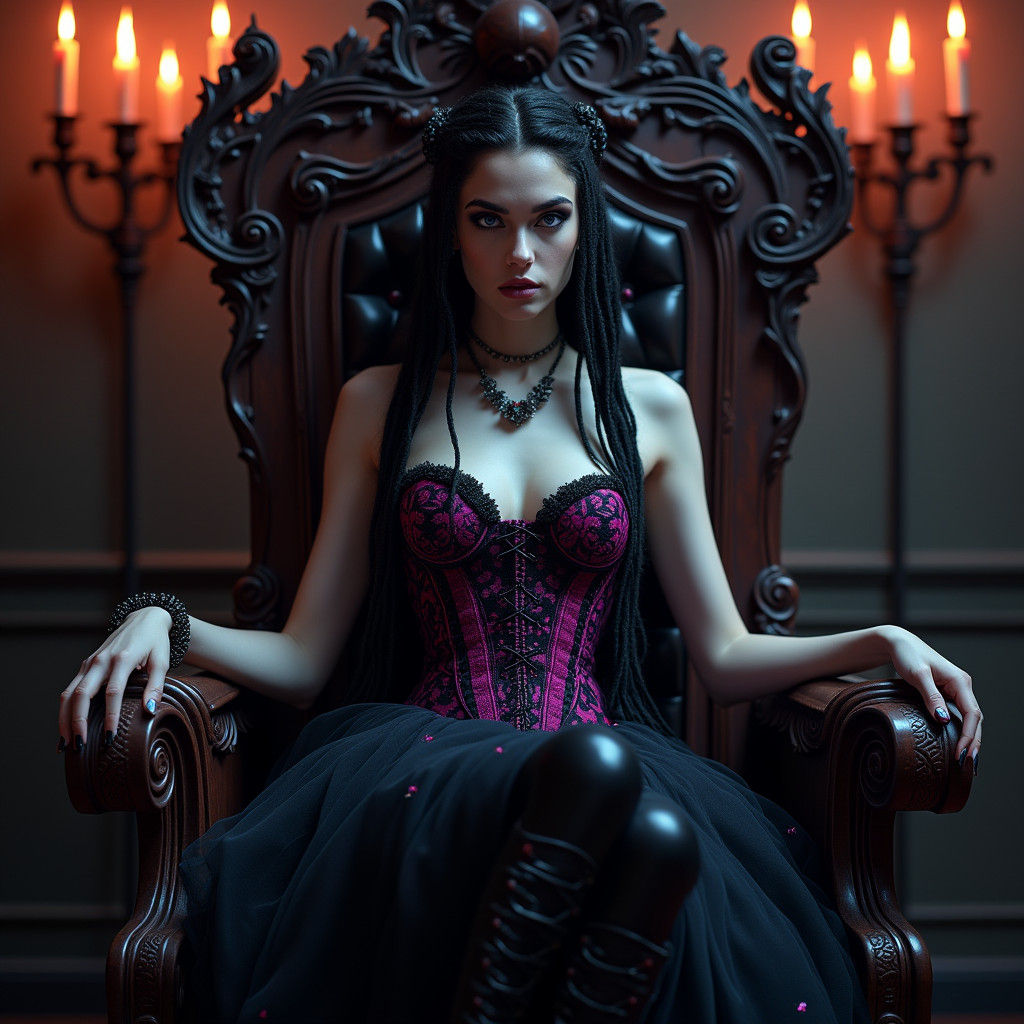 Gothic Woman on Throne with Pop-Art Corset