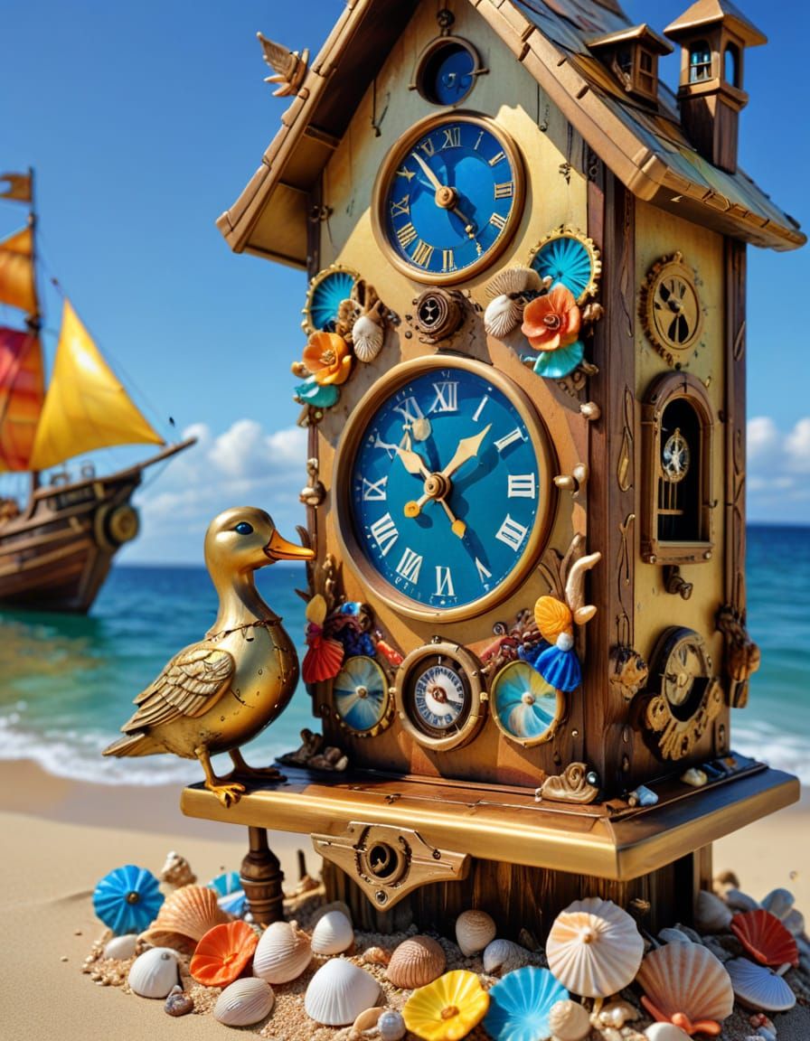 Steampunk Cuckoo Clock's Beach Vacation in 3D
