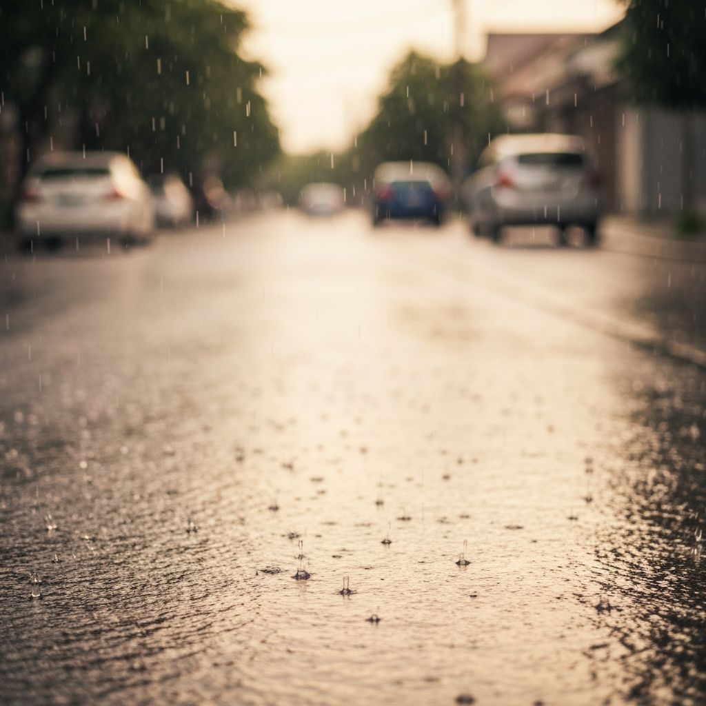Feet in Rain Puddle on Cobblestone Street