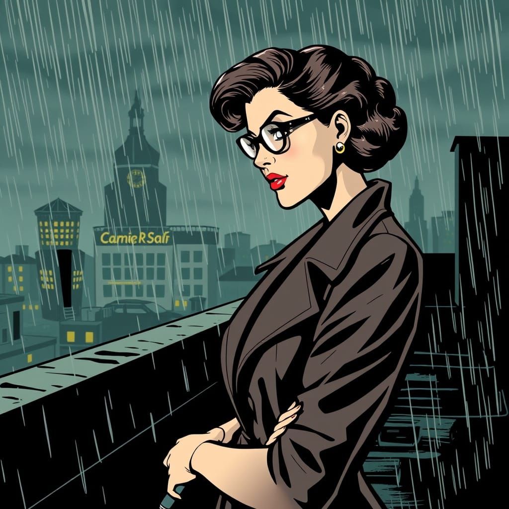 Femme Fatale on a Rainy Rooftop in Comic Noir Style