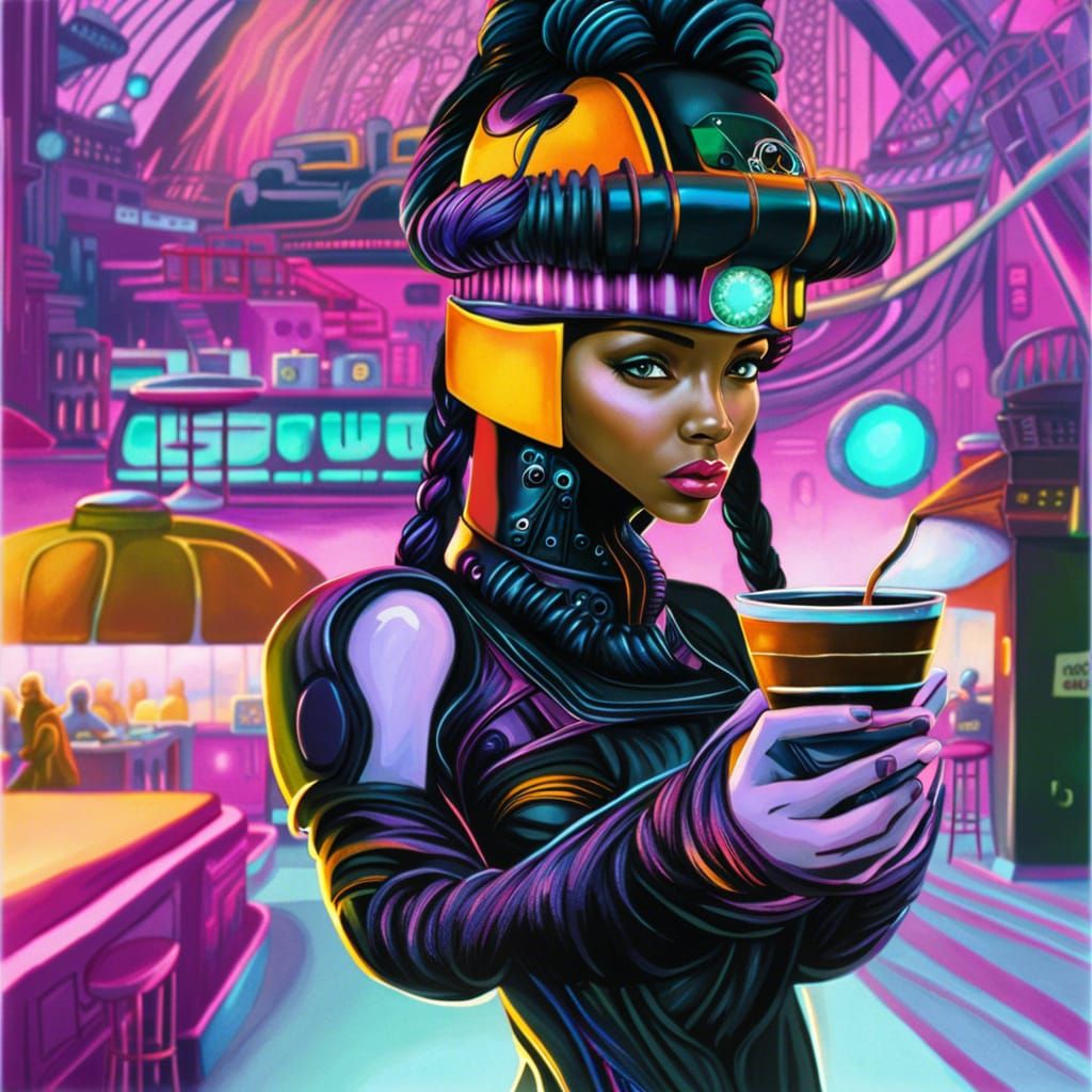 Cyberpunk Woman's Galactic Coffee Break