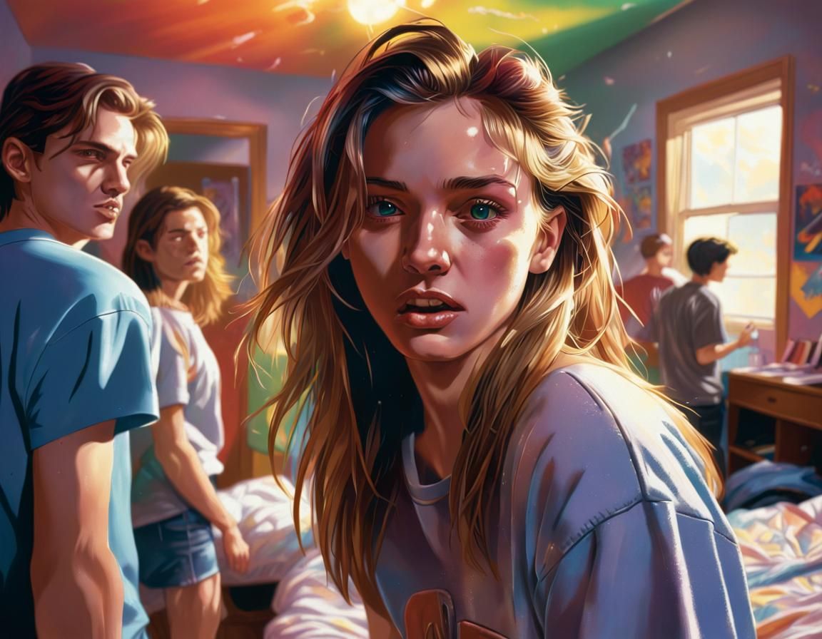 Hyperrealistic College Party in 1990s Style