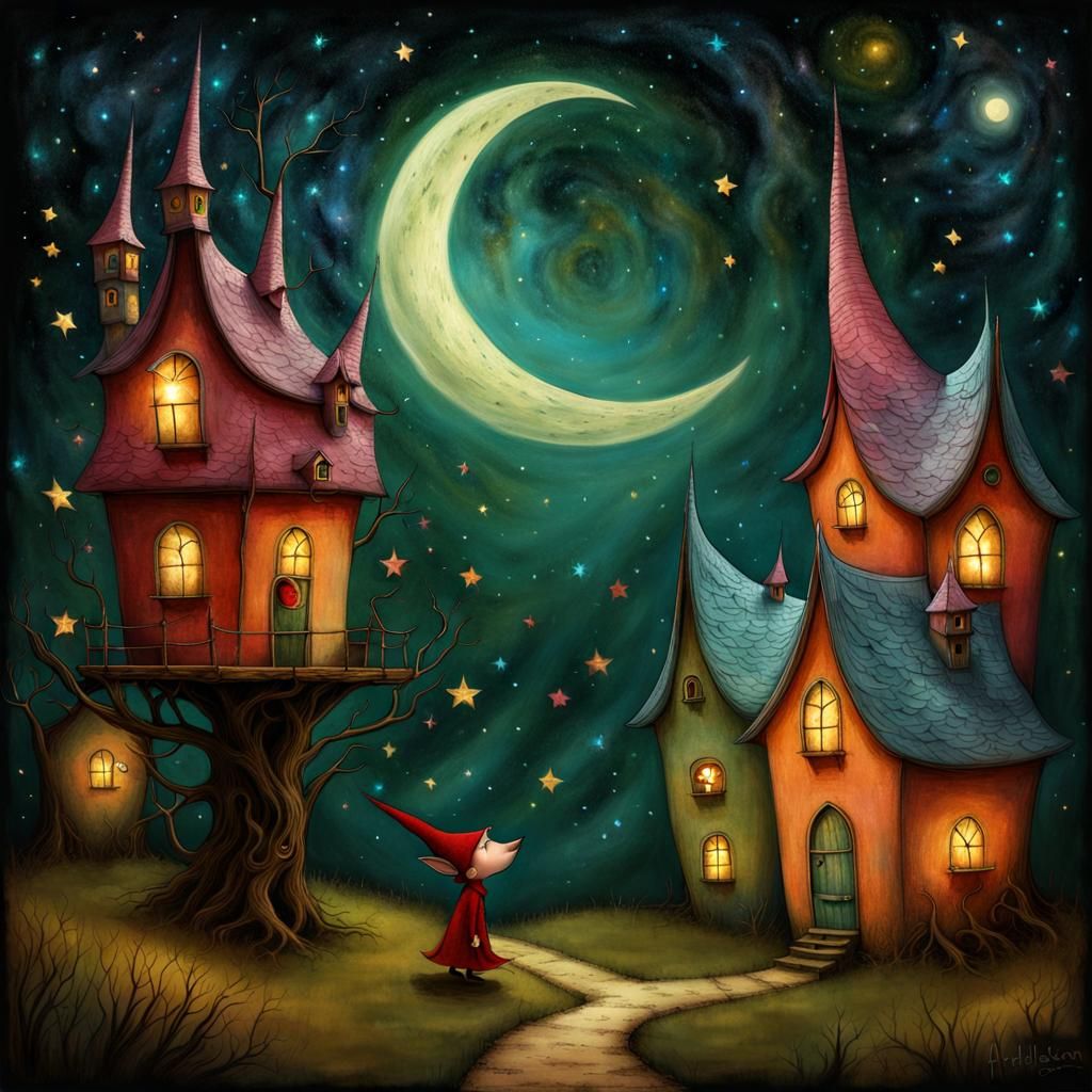 Demonic Elf in Surreal Village with Falling Stars