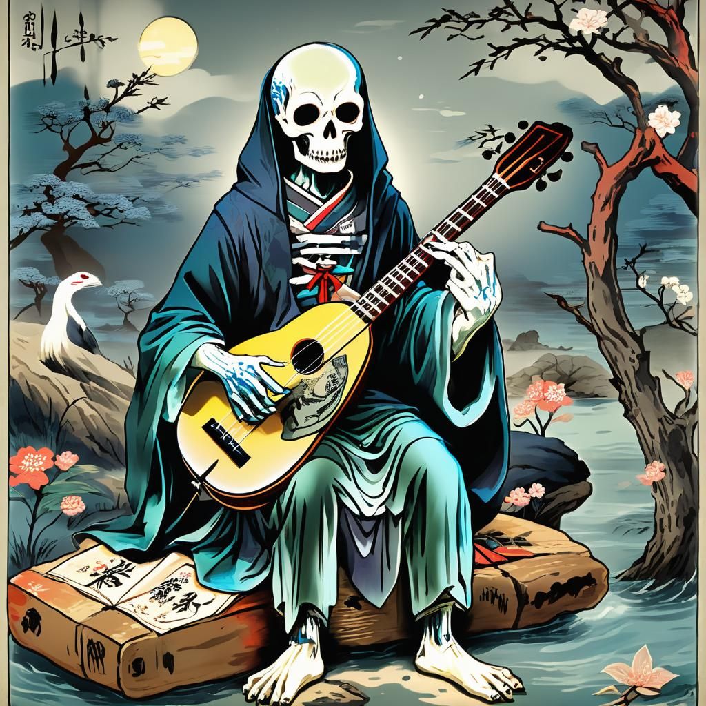 Undead Ukulele Player in Ukiyo-e Style